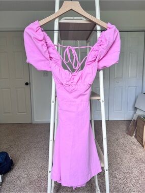 ZARA Linen Blend Puff Sleeve Mini Dress Barbie Pink Lace Tie Open Back S